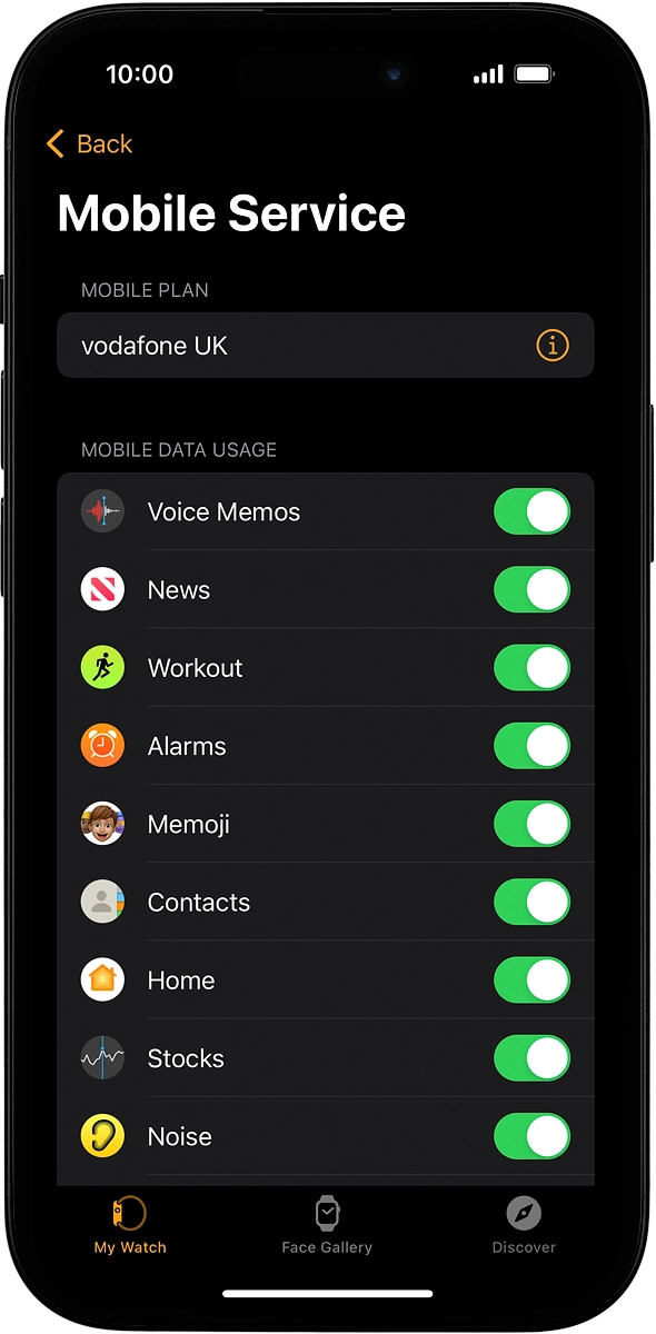 On your phone: If you've bought your Apple Watch from Vodafone, you already have a OneNumber Connectivity price plan and this screen, showing the active price plan, should be displayed.