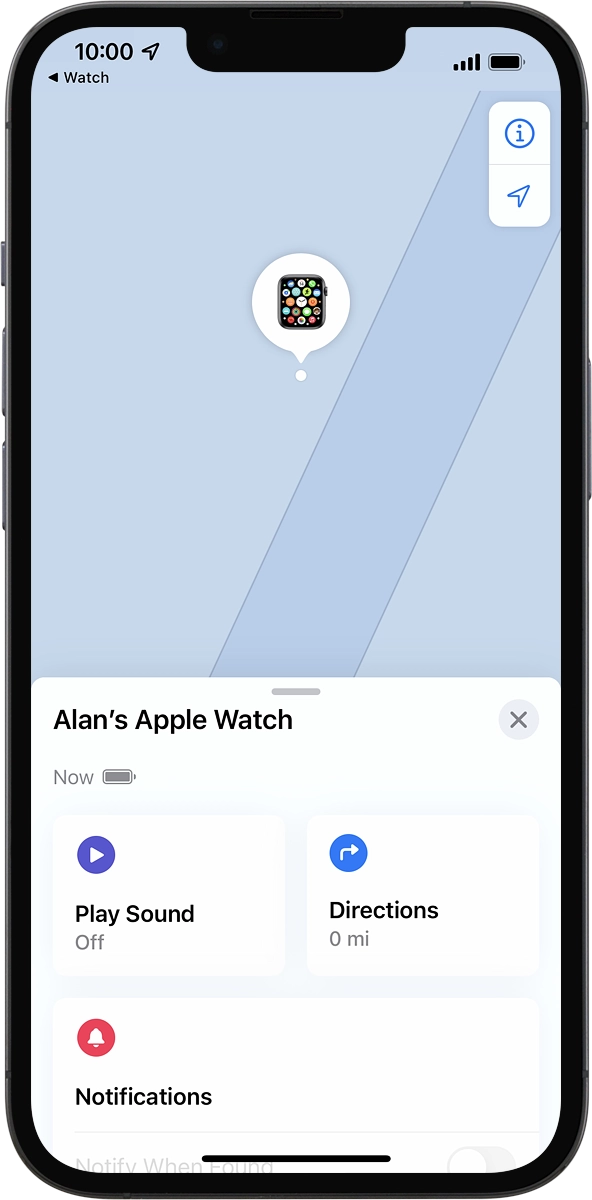 The latest position of your Apple Watch is displayed on the map.