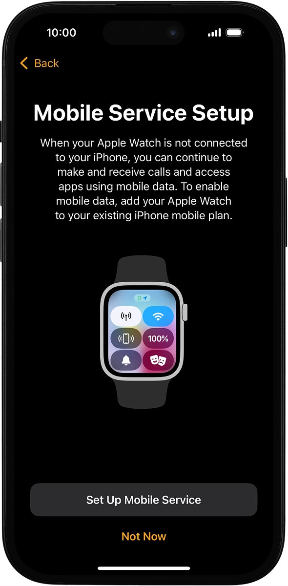 On your phone: If you've bought your Apple Watch elsewhere than from Vodafone, follow the instructions on the screen to set up mobile data on your Apple Watch or press .Not Now.