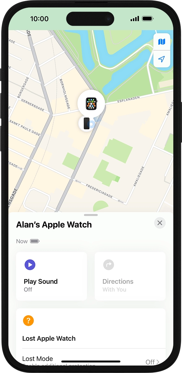 The latest position of your Apple Watch is displayed on the map.