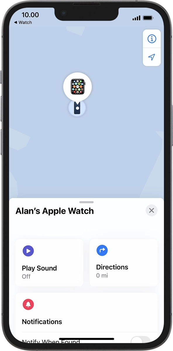 The latest position of your Apple Watch is displayed on the map.