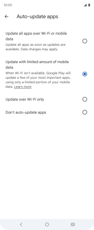 To turn on automatic update of apps using mobile network, press Update all apps over Wi-Fi or mobile data. To turn on automatic update of apps using mobile network, press Update all apps over Wi-Fi or mobile data.