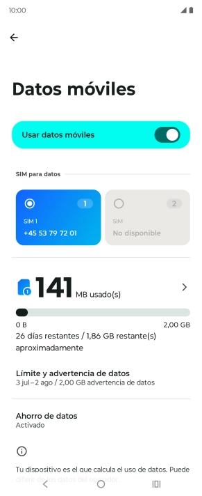 El consumo total de datos se visualiza ahora en la pantalla.