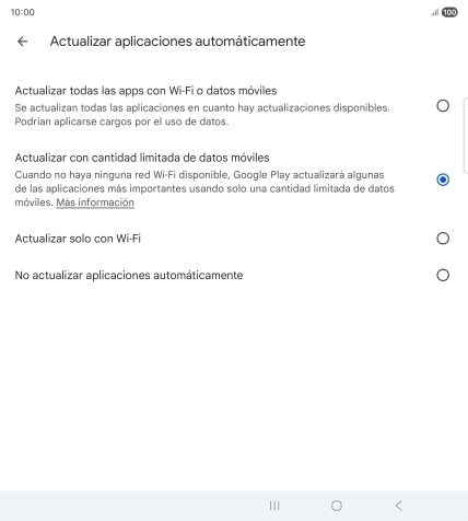 Para activar la actualización automática de apps utilizando la red móvil, pulsa Actualizar todas las apps con Wi-Fi o datos móviles. Para activar la actualización automática de apps utilizando la red móvil, pulsa Actualizar todas las apps con Wi-Fi o datos móviles.