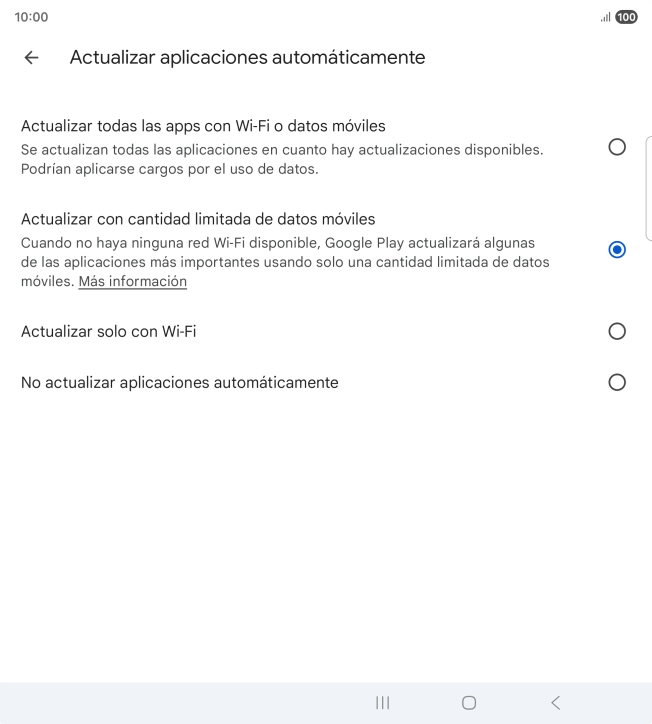 Para activar la actualización automática de apps utilizando la red móvil, pulsa Actualizar todas las apps con Wi-Fi o datos móviles. Para activar la actualización automática de apps utilizando la red móvil, pulsa Actualizar todas las apps con Wi-Fi o datos móviles.