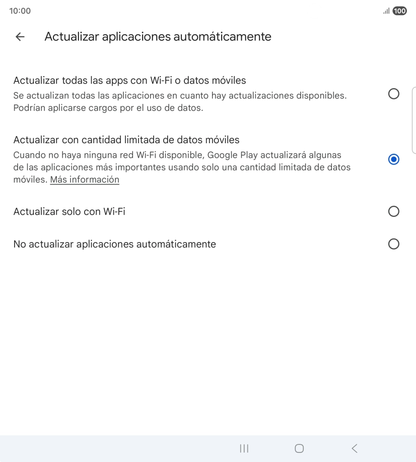 Para activar la actualización automática de apps utilizando la red móvil, pulsa Actualizar todas las apps con Wi-Fi o datos móviles. Para activar la actualización automática de apps utilizando la red móvil, pulsa Actualizar todas las apps con Wi-Fi o datos móviles.