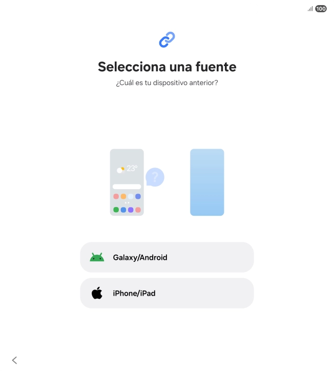 Pulsa el ajuste deseado y sigue las instrucciones de la pantalla para transferir el contenido del otro teléfono. Pulsa el ajuste deseado y sigue las instrucciones de la pantalla para transferir el contenido del otro teléfono.