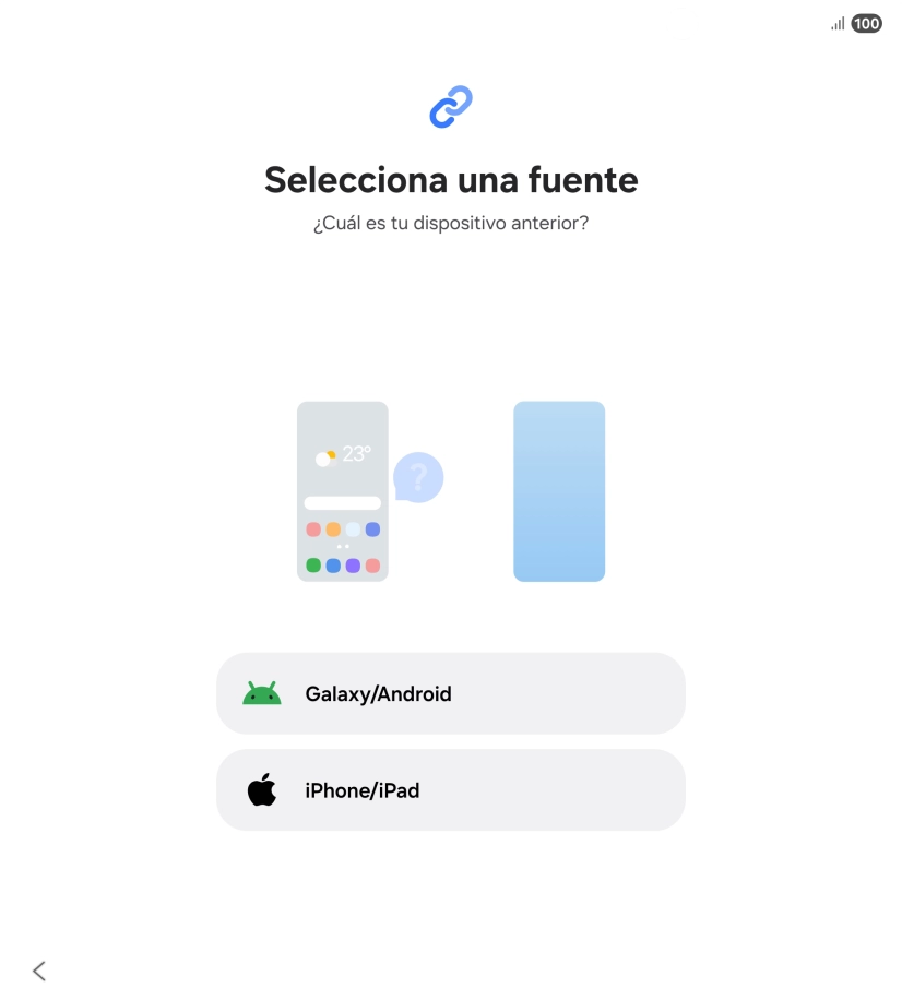 Pulsa el ajuste deseado y sigue las instrucciones de la pantalla para transferir el contenido del otro teléfono. Pulsa el ajuste deseado y sigue las instrucciones de la pantalla para transferir el contenido del otro teléfono.