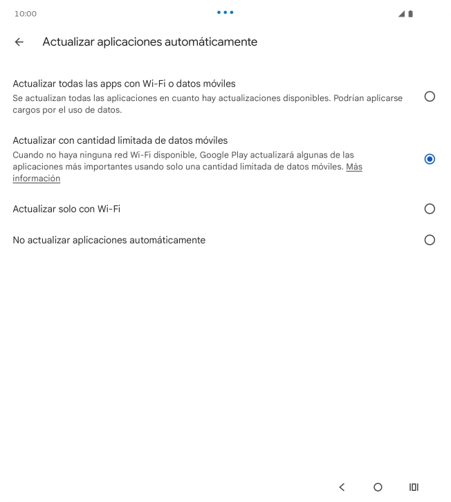 Para activar la actualización automática de apps utilizando la red móvil, pulsa Actualizar todas las apps con Wi-Fi o datos móviles. Para activar la actualización automática de apps utilizando la red móvil, pulsa Actualizar todas las apps con Wi-Fi o datos móviles.