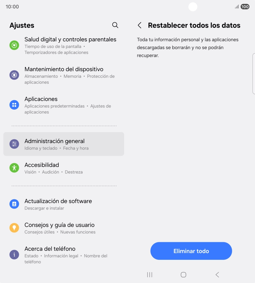 Pulsa Eliminar todo. Espera unos instantes mientras el teléfono restablece la configuración predeterminada. Sigue las indicaciones de la pantalla para configurar el teléfono y dejarlo listo para su uso. Pulsa Eliminar todo. Espera unos instantes mientras el teléfono restablece la configuración predeterminada. Sigue las indicaciones de la pantalla para configurar el teléfono y dejarlo listo para su uso.