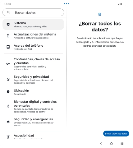 Pulsa Borrar todos los datos. Espera unos instantes mientras el teléfono restablece la configuración predeterminada. Sigue las indicaciones de la pantalla para configurar el teléfono y dejarlo listo para su uso.