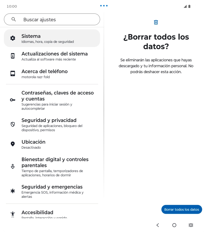 Pulsa Borrar todos los datos. Espera unos instantes mientras el teléfono restablece la configuración predeterminada. Sigue las indicaciones de la pantalla para configurar el teléfono y dejarlo listo para su uso.