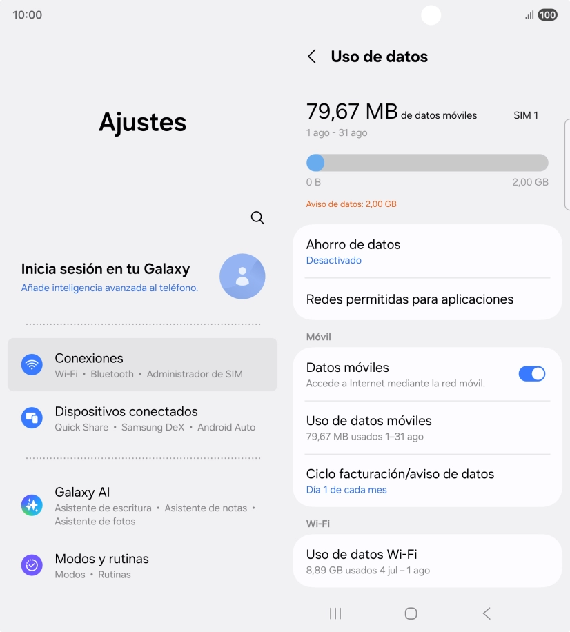 El consumo total de datos se visualiza ahora en la pantalla.