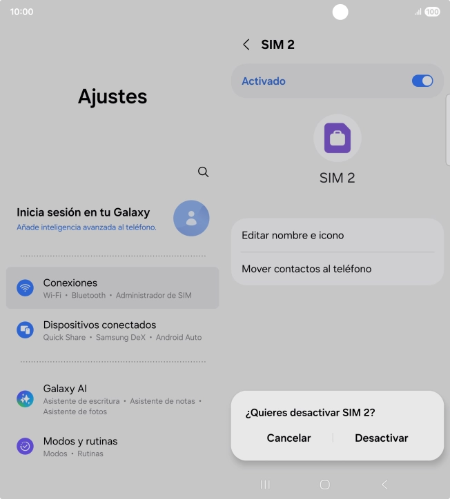 Si desactivas el uso de la línea móvil (SIM), debes pulsar Desactivar.
