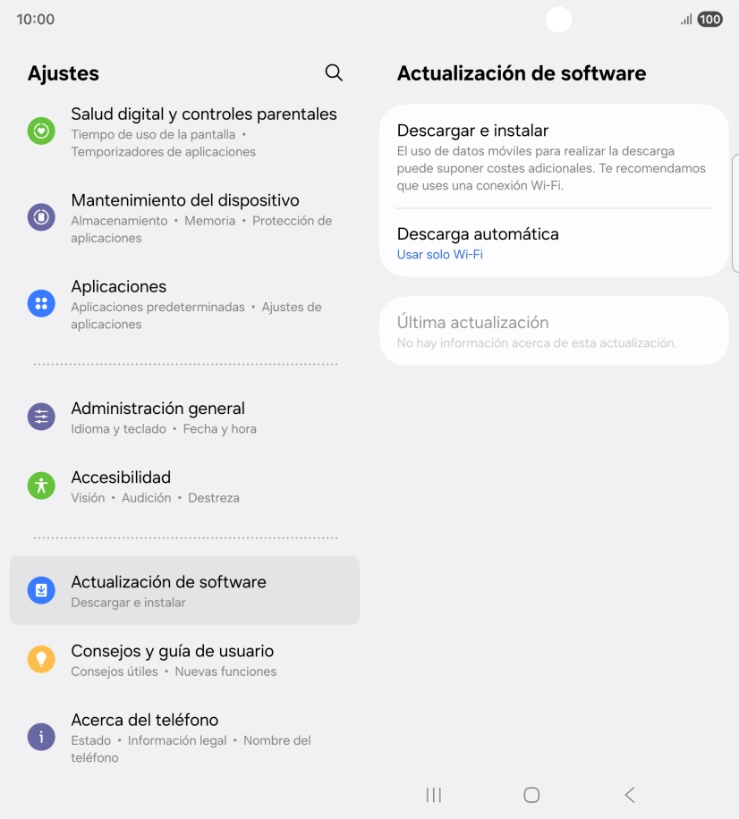 Pulsa Descargar e instalar. Si hay una versión de software nueva disponible, aparecerá ahora en la pantalla. Sigue las indicaciones de la pantalla para actualizar el software del teléfono. Pulsa Descargar e instalar. Si hay una versión de software nueva disponible, aparecerá ahora en la pantalla. Sigue las indicaciones de la pantalla para actualizar el software del teléfono.