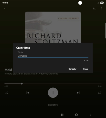 Introduce el nombre deseado de la lista de reproducción y pulsa Crear. Introduce el nombre deseado de la lista de reproducción y pulsa Crear.