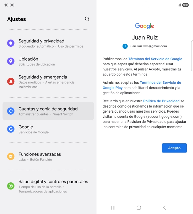 Pulsa Acepto y sigue las indicaciones de la pantalla para seleccionar los ajustes de tu cuenta de Google. Pulsa Acepto y sigue las indicaciones de la pantalla para seleccionar los ajustes de tu cuenta de Google.