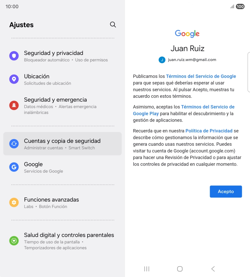 Pulsa Acepto y sigue las indicaciones de la pantalla para seleccionar los ajustes de tu cuenta de Google. Pulsa Acepto y sigue las indicaciones de la pantalla para seleccionar los ajustes de tu cuenta de Google.