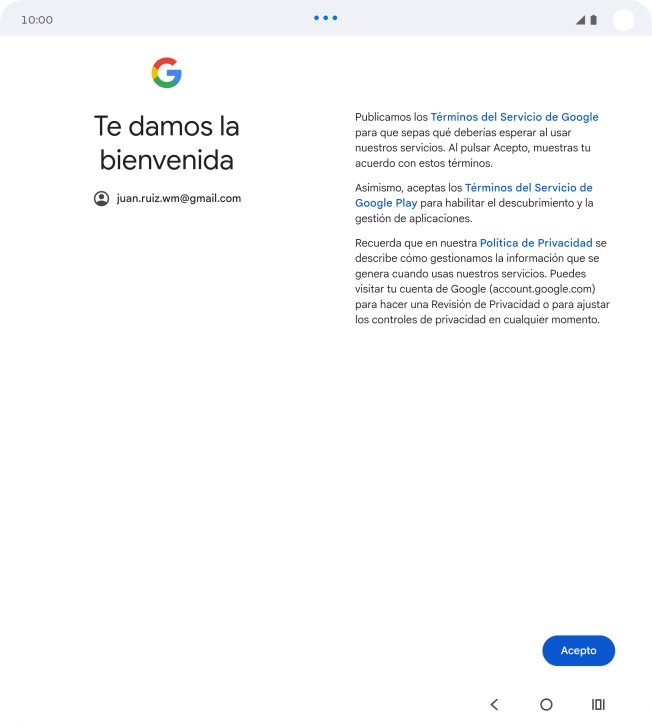 Pulsa Acepto y sigue las indicaciones de la pantalla para seleccionar los ajustes de tu cuenta de Google.