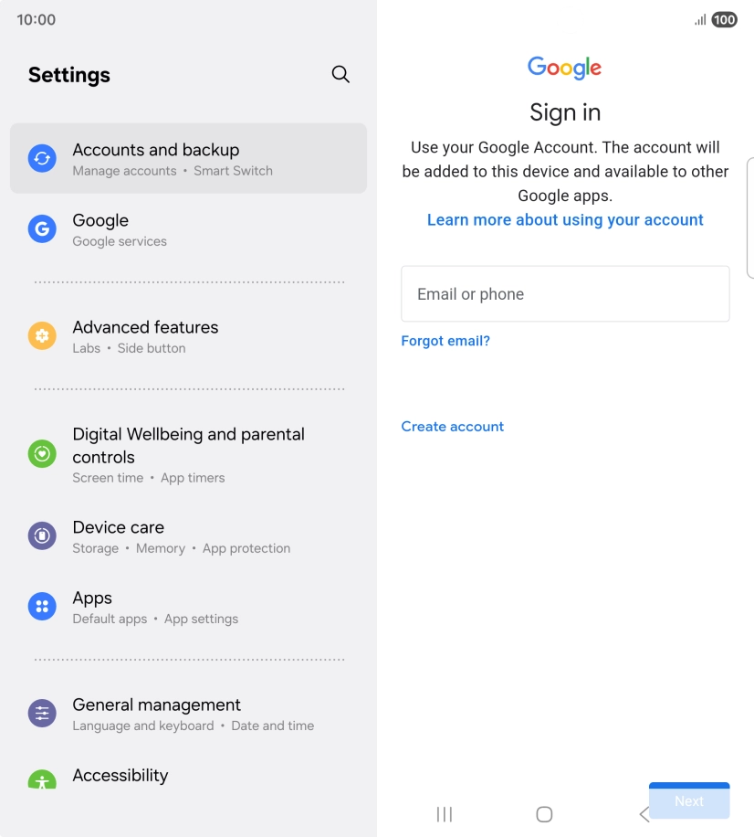 If you don't have a Google account, press Create account and follow the instructions on the screen to create an account.