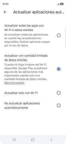 Para activar la actualización automática de apps utilizando la red móvil, pulsa Actualizar todas las apps con Wi-Fi o datos móviles.