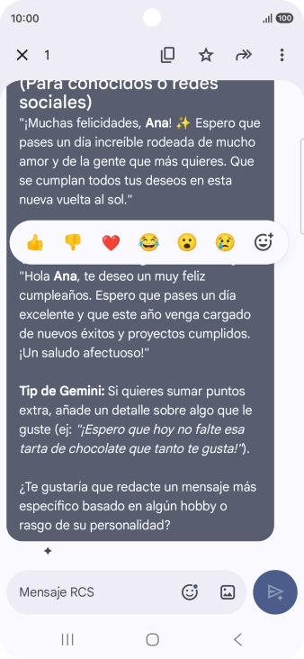 Pulsa la propuesta de texto de Gemini durante unos instantes. Sigue las indicaciones de la pantalla para utilizar el texto propuesto.