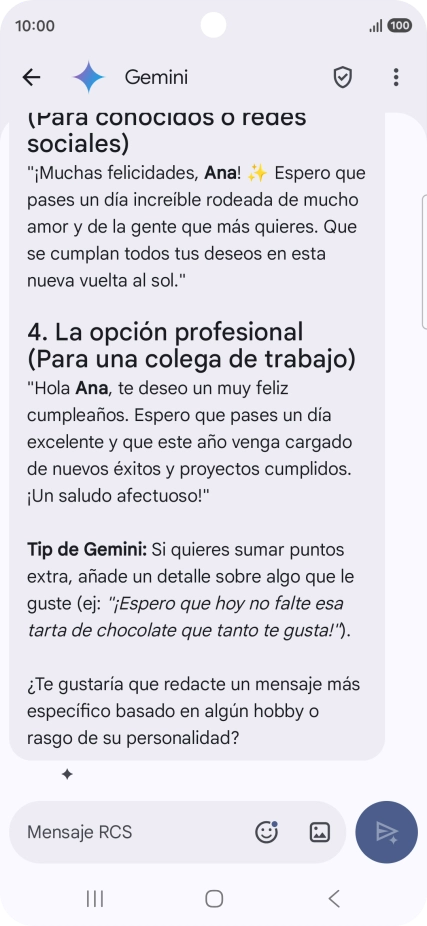 La propuesta de texto de Gemini se visualiza ahora en la pantalla.