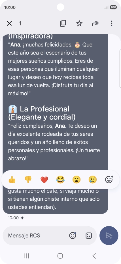 Pulsa la propuesta de texto de Gemini durante unos instantes. Sigue las indicaciones de la pantalla para utilizar el texto propuesto.