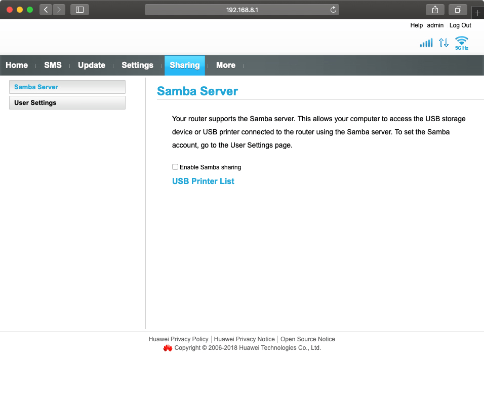 In Sharing you can select settings for file sharing on connected devices, such as USB storage devices.