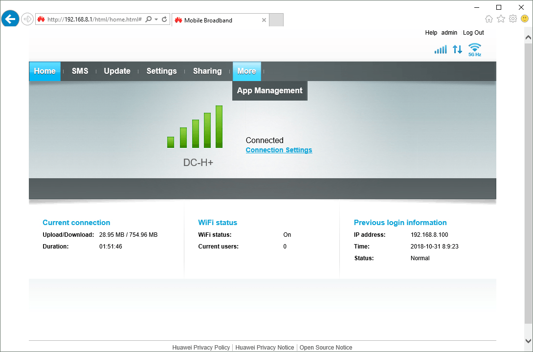 In More you can find links helping you to download the HUAWEI HiLink app for your Android or iOS device. In the app you can see the status of your router's internet connection and more.