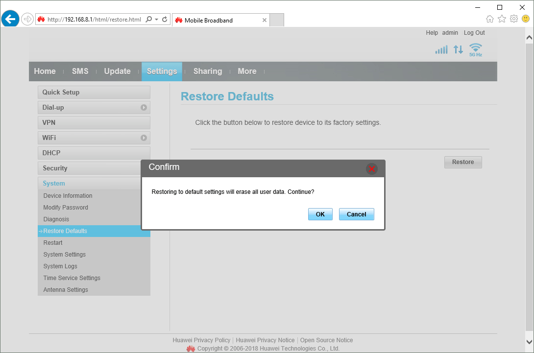 Click OK and wait while your router restores the factory default settings.