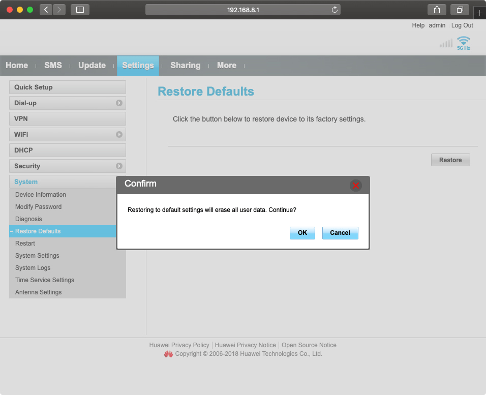 Click OK and wait while your router restores the factory default settings.