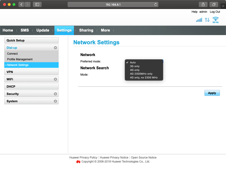 Click the required network mode.