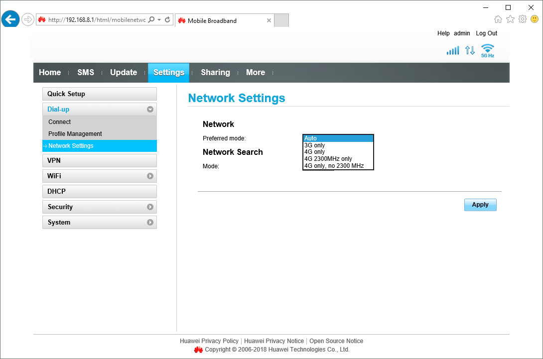 Click the required network mode.