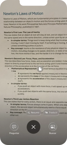 Para utilizar la inteligencia visual en un texto, fotografía el texto, pulsa el ajuste deseado y sigue las indicaciones de la pantalla para utilizar la función.