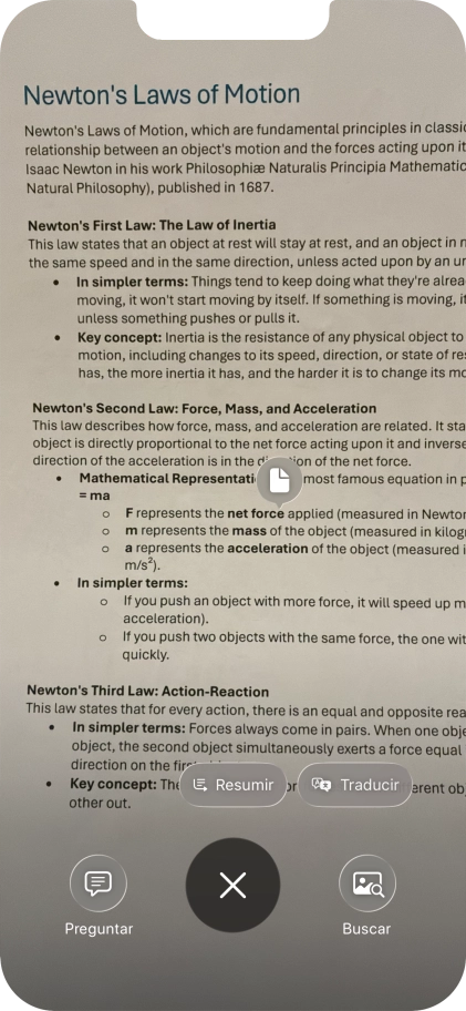 Para utilizar la inteligencia visual en un texto, fotografía el texto, pulsa el ajuste deseado y sigue las indicaciones de la pantalla para utilizar la función.
