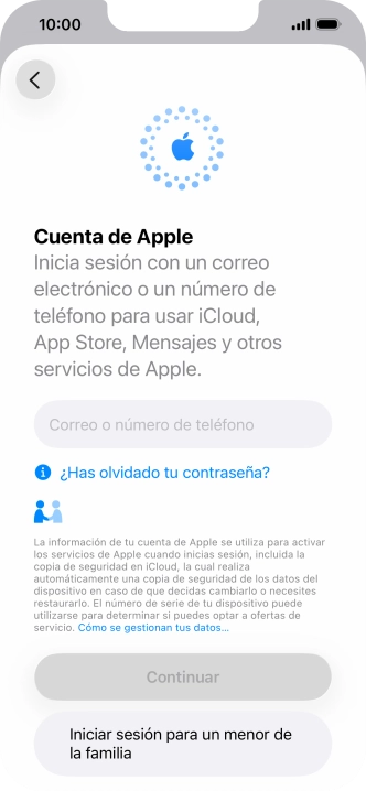 Pulsa Correo o número de teléfono e introduce el nombre de usuario de tu Cuenta de Apple.