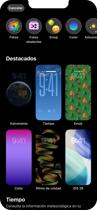 Pulsa una categoría y sigue las indicaciones de la pantalla para seleccionar la imagen de fondo deseada.