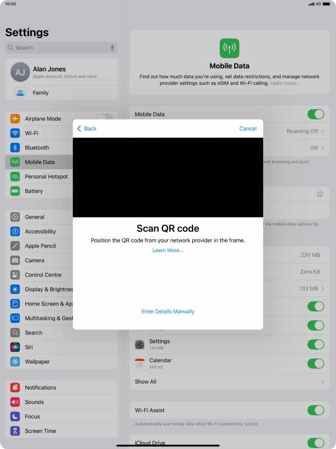 Place the QR code you've received inside the tablet camera frame to scan the code. If you’ve deleted your eSIM, you can re-add it using your existing QR code. If you’re having problems, see our FAQ.