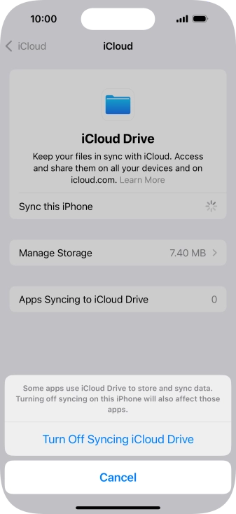 If you turn off the function, press Turn Off Syncing iCloud Drive.