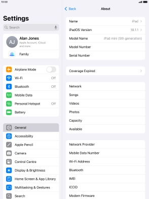 Your tablet's software version is displayed next to iPadOS Version.