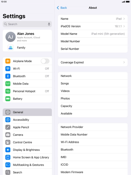 Your tablet's software version is displayed next to iPadOS Version.