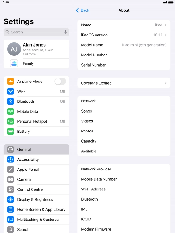 Your tablet's software version is displayed next to iPadOS Version.