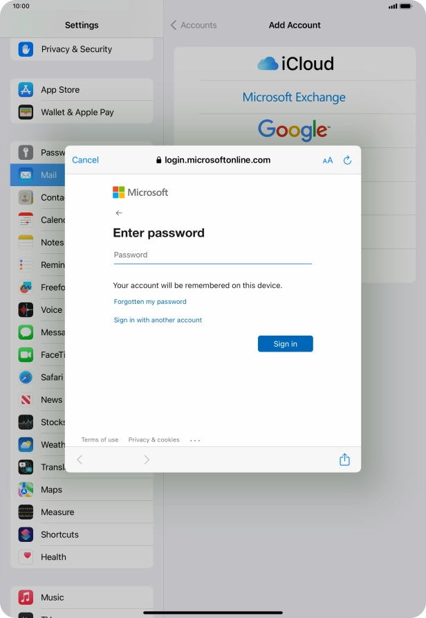 Press Password and key in the password for your email account.