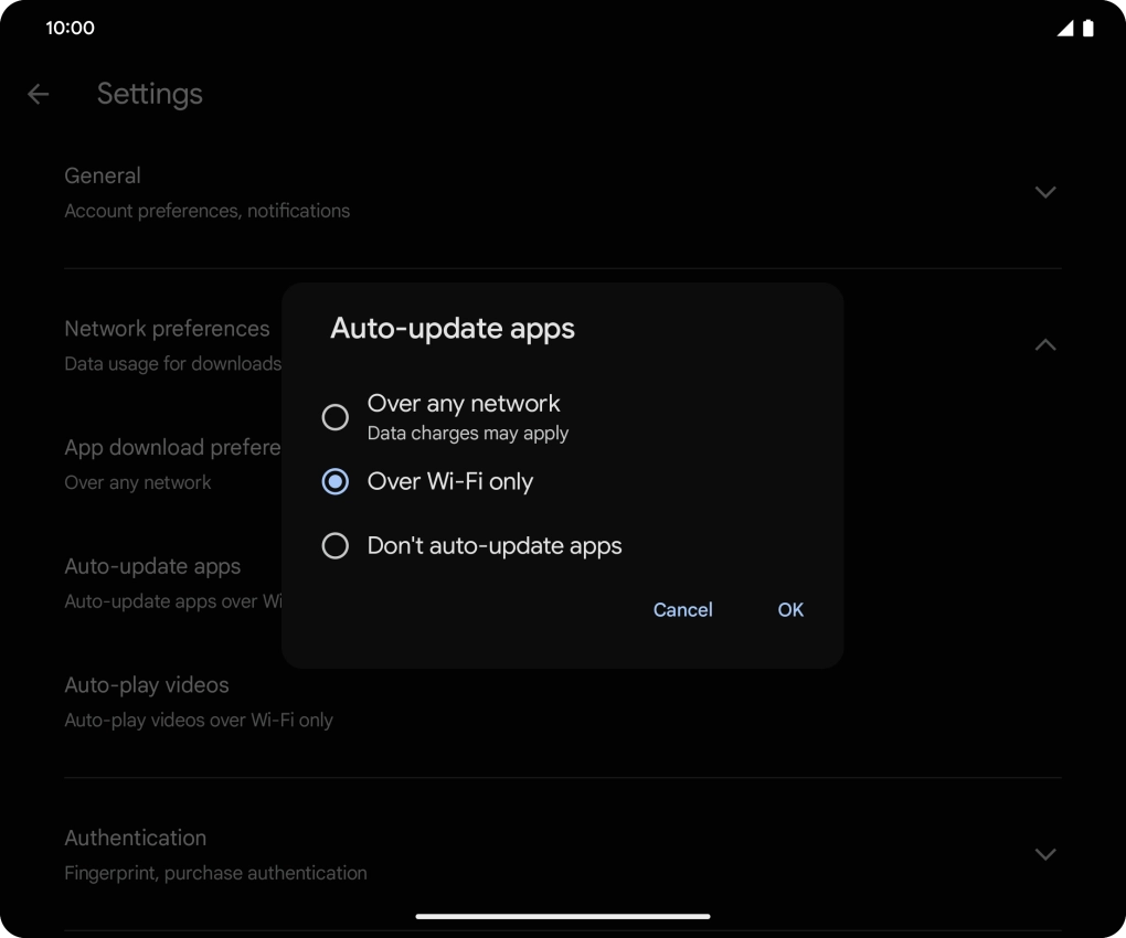 To turn on automatic update of apps using mobile network, press Over any network.