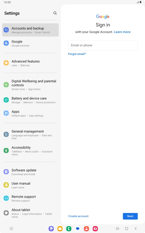 If you don't have a Google account, press Create account and follow the instructions on the screen to create an account.