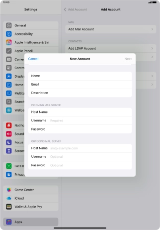 Press Username and key in the username for your email account.