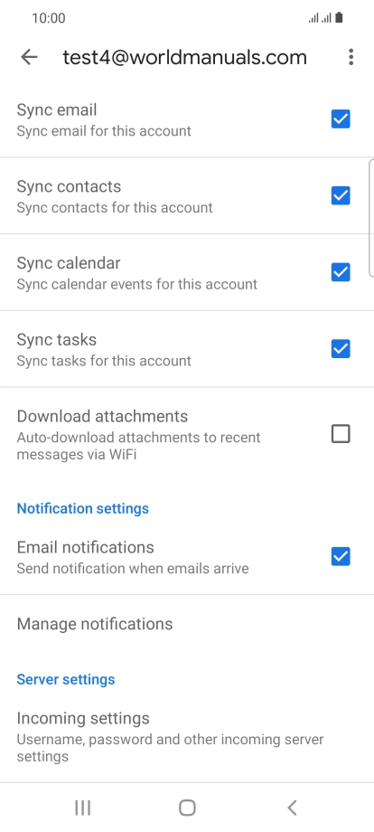 Press the fields next to the required data types to turn synchronisation on or off.