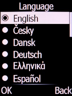 Select the required language and press the Left selection key.