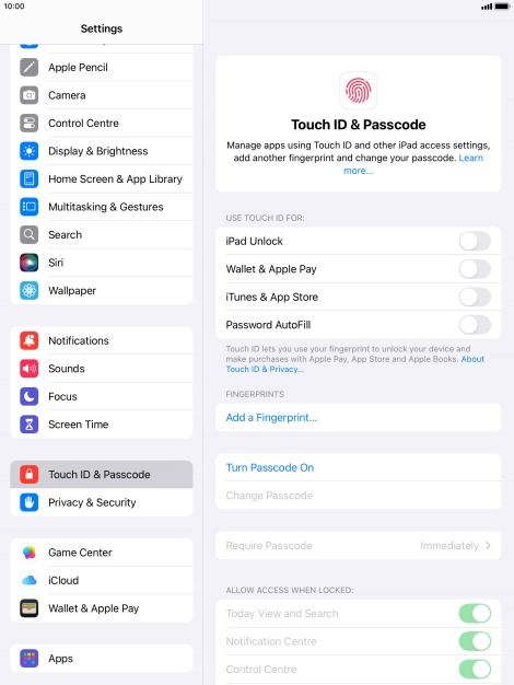 Press Turn Passcode On and key in a lock code of your own choice twice. Press Turn Passcode On and key in a lock code of your own choice twice.